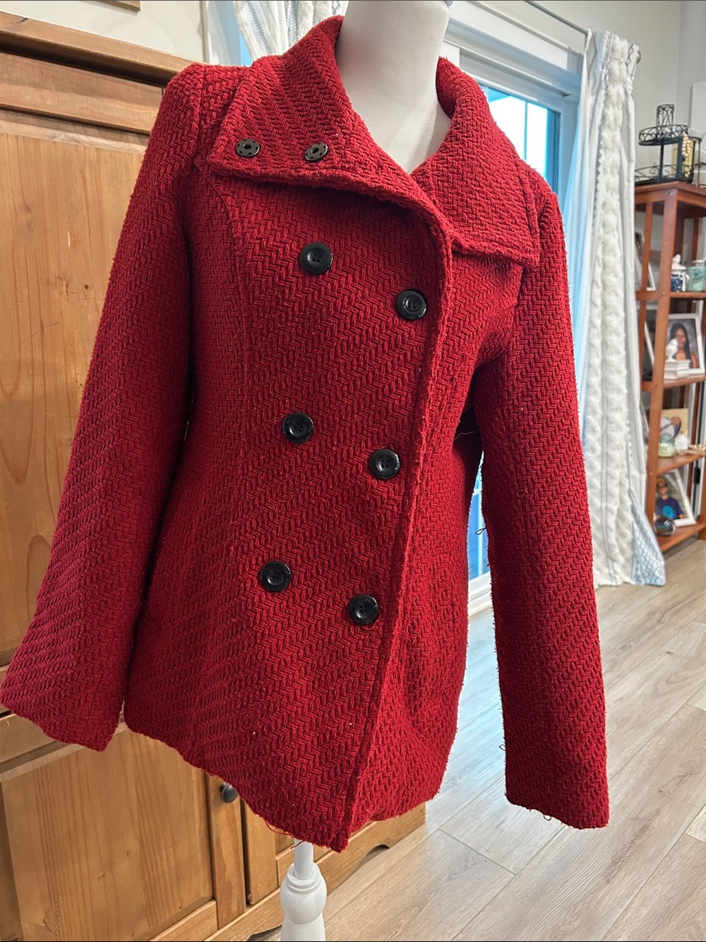 Valerie Stevens Crimson Red Double-Breasted Textured Peacoat
